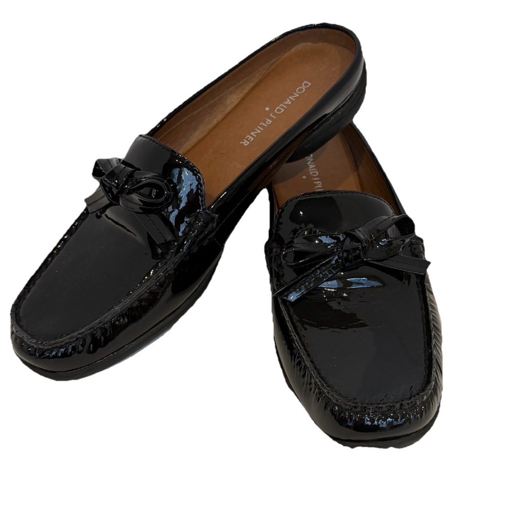 DONALD J PLINER Black Patent Leather Open Back Loafers Slides Mules Bow Trim - 7